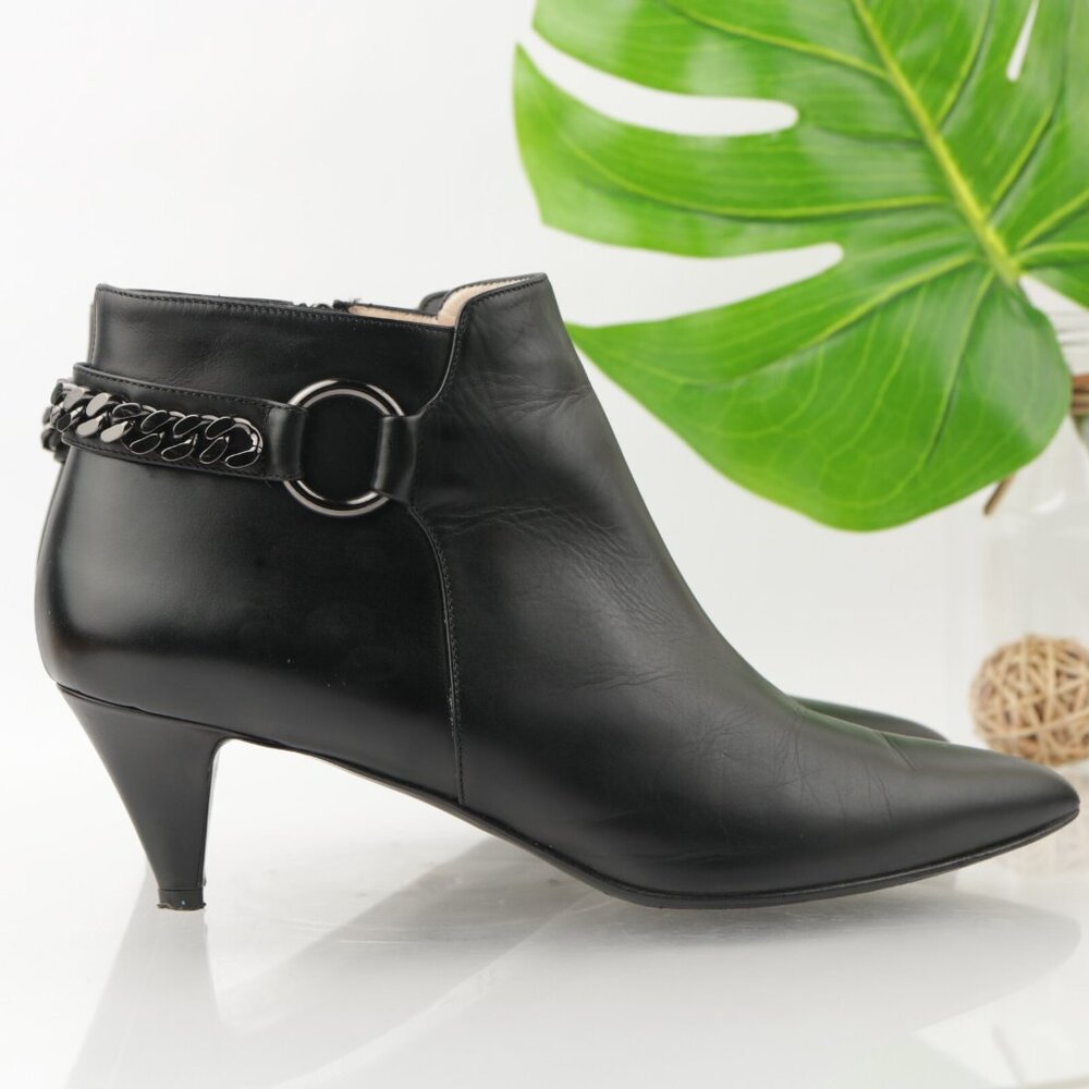Aquatalia Womens Selina Boot Size 9 Black Pointed Kitten Heel Bootie Chain Link
